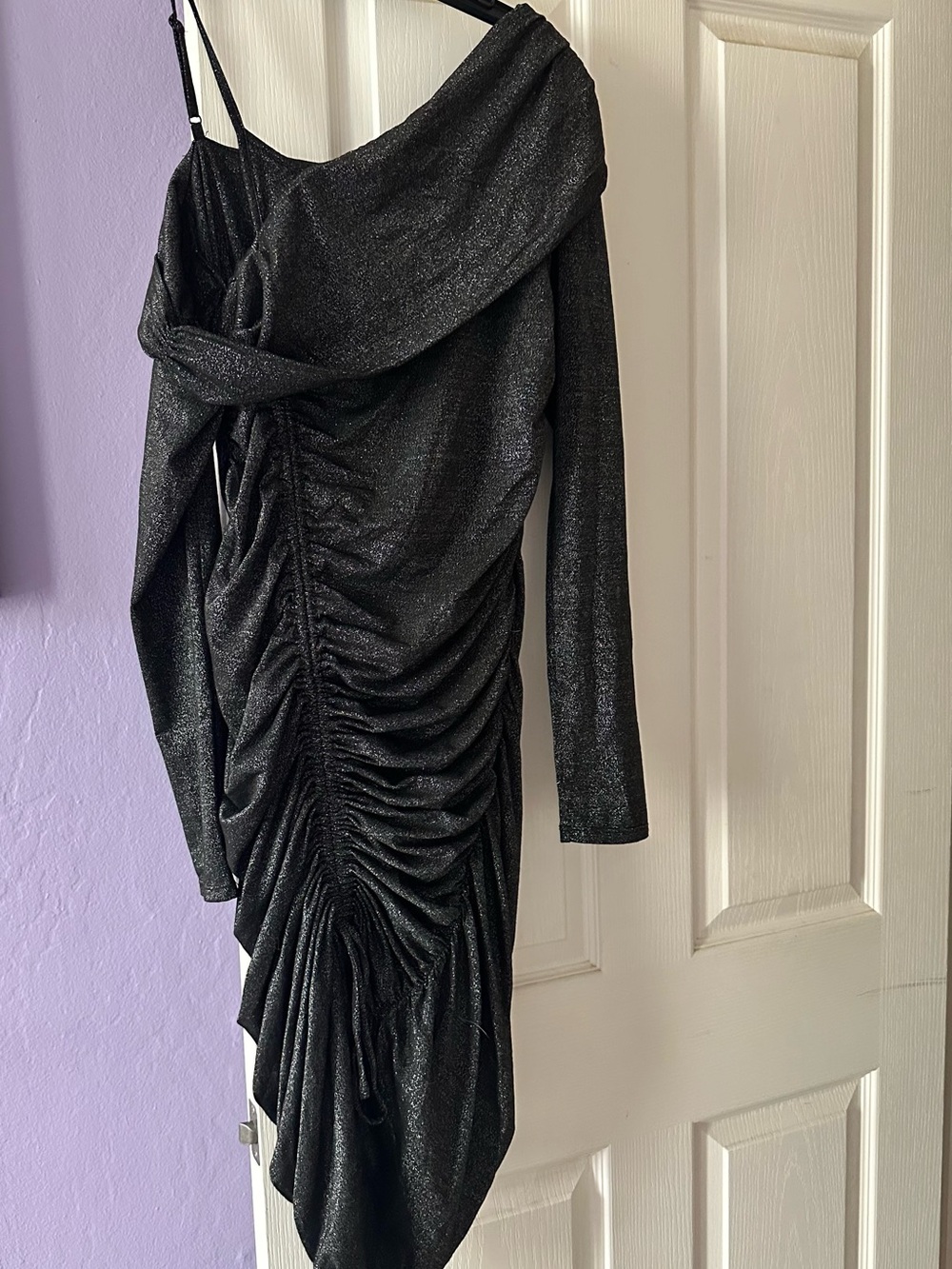 Jonathan Simkhai Black Shimmer One-Shoulder Ruched Dress